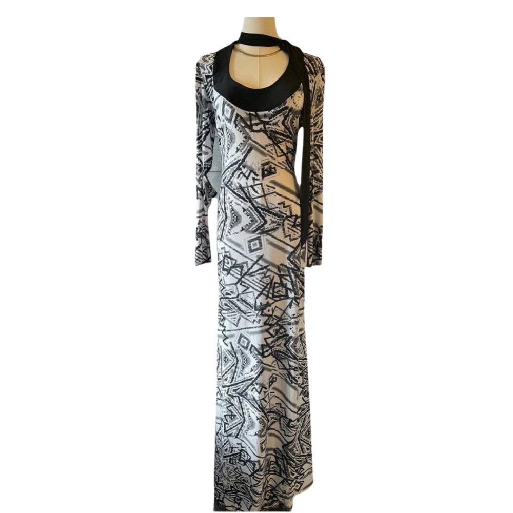 Va Va Voom Tall Geo Print Black White Grey With Neck Belt Maxi Dress Size Med